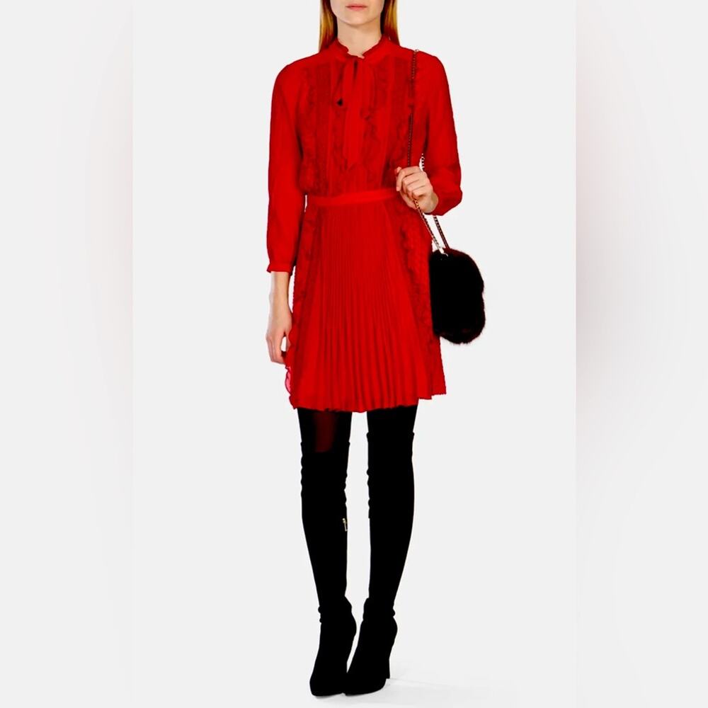 Karen Millen Red Long Sleeve Lace Panel Ruffle Mini Dress Size 6